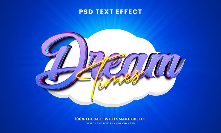 PSD efeito de texto 3d de tempos de sonho com nuvens