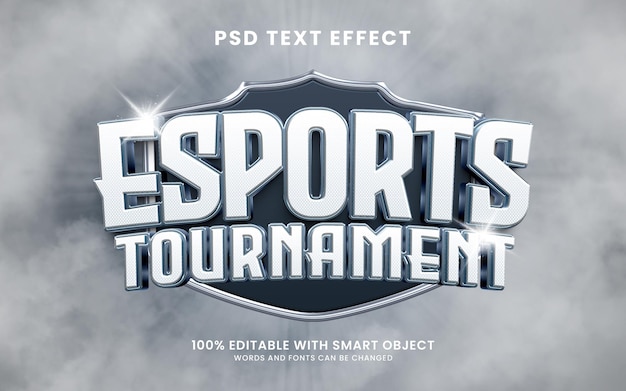 PSD efeito de texto 3d de torneio de esports com escudo e céu nublado