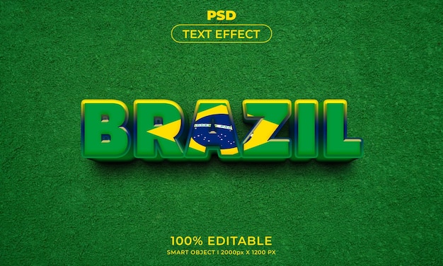 PSD efeito de texto 3d do brasil com bandeira, estilo de efeito de texto editável 3d da bandeira do brasil com fundo