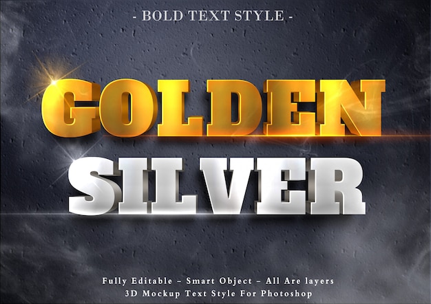 Efeito de texto 3D dourado e prateado