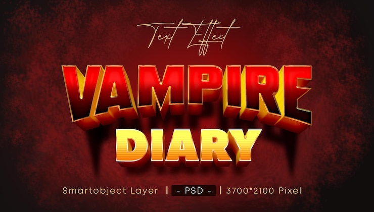 PSD efeito de texto 3d em estilo cinematográfico de diário de vampiro