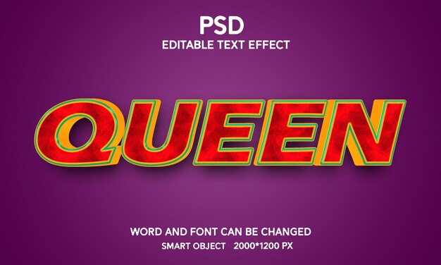 PSD efeito de texto 3d rainha com fundo totalmente editável