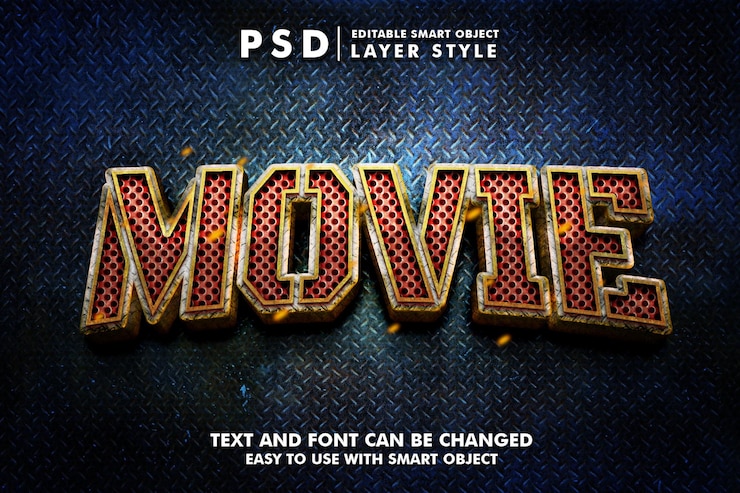 PSD efeito de texto 3d realista de filme psd premium com objeto inteligente