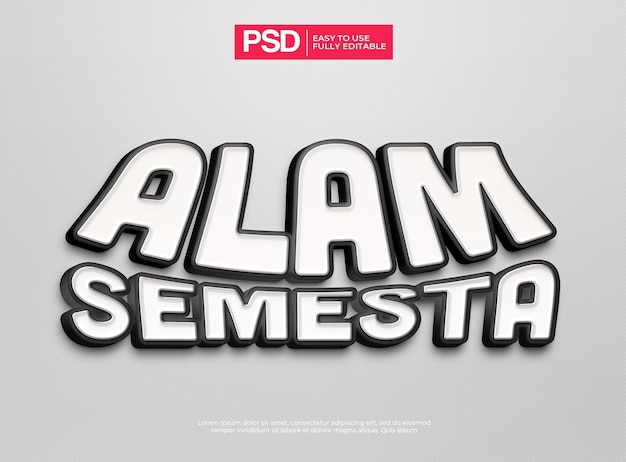 PSD efeito de texto branco e preto alam semesta 3d