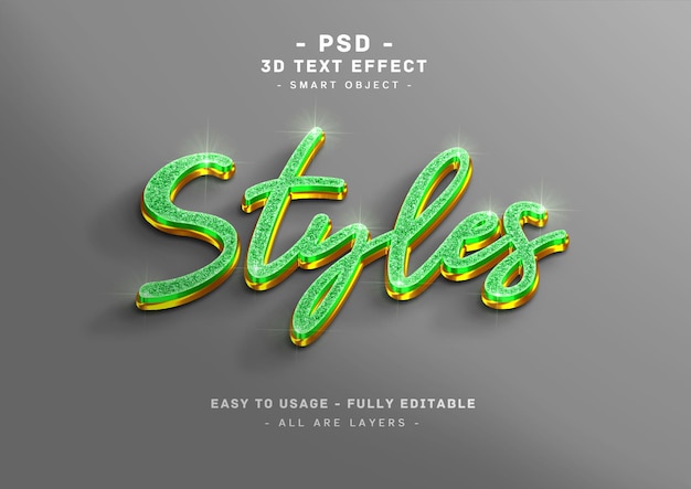 Efeito de texto brilhante 3d estilo dourado verde
