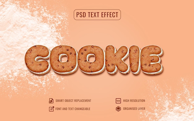 Efeito de texto de cookie com fundo de farinha personalizável