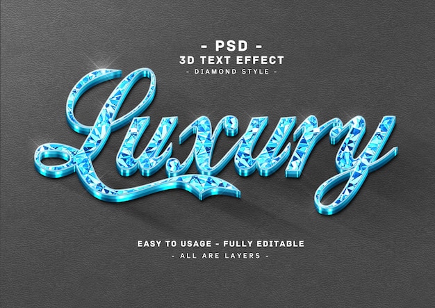 PSD efeito de texto de diamante azul 3d de luxo ou maquete de logotipo