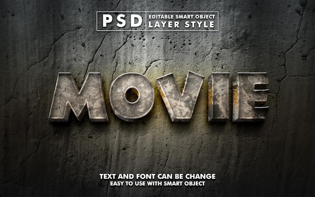 Efeito de texto de filme 3d com textura de pedra. psd premium de efeito de texto editável com objeto inteligente
