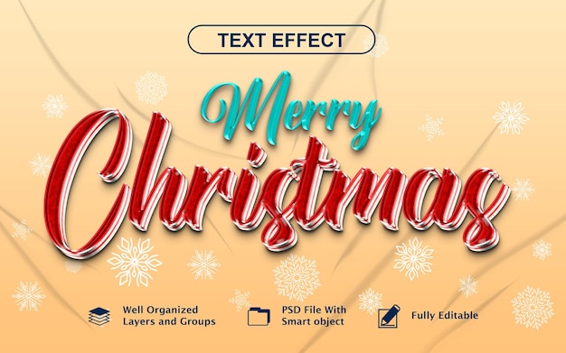 PSD efeito de texto de natal feliz em 3d com fundo