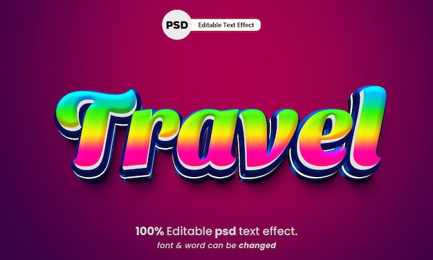 Efeito de texto de viagem premium psd editável em 3d de viagem