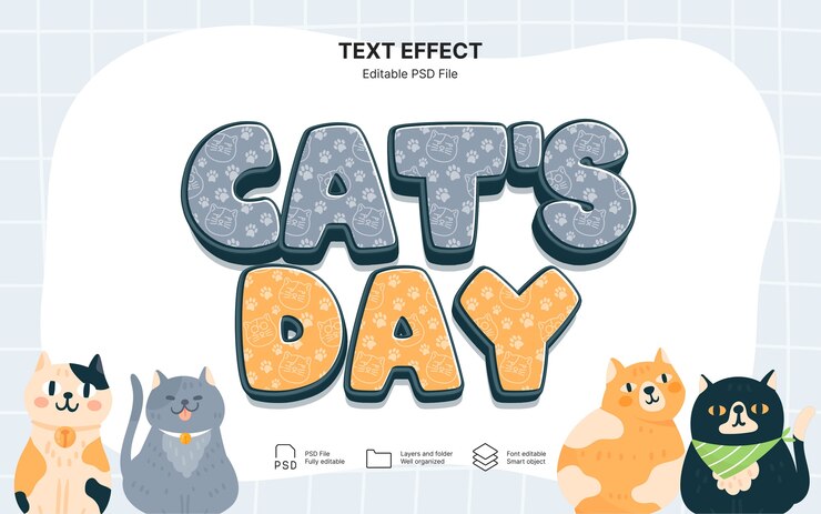 PSD efeito de texto do dia internacional do gato