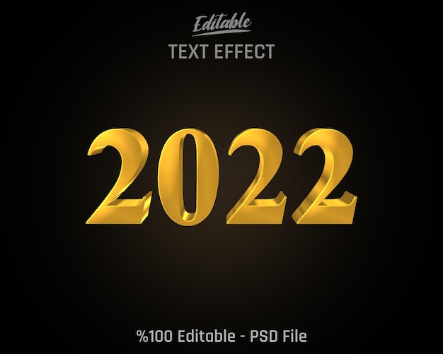 PSD efeito de texto dourado 2022 editável minimalista em 3d