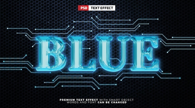 PSD efeito de texto editável 3d de brilho de néon futuro de cristal azul