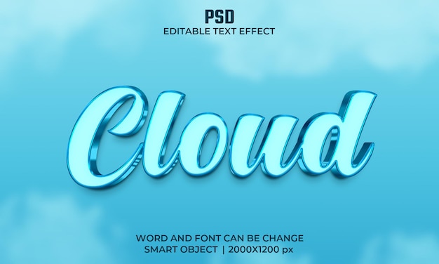 Efeito de texto editável 3d de cor azul nuvem psd premium com plano de fundo