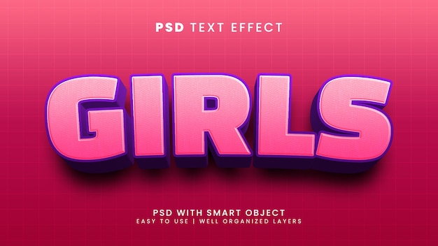 Efeito de texto editável 3d de meninas com estilo de texto rosa e amor