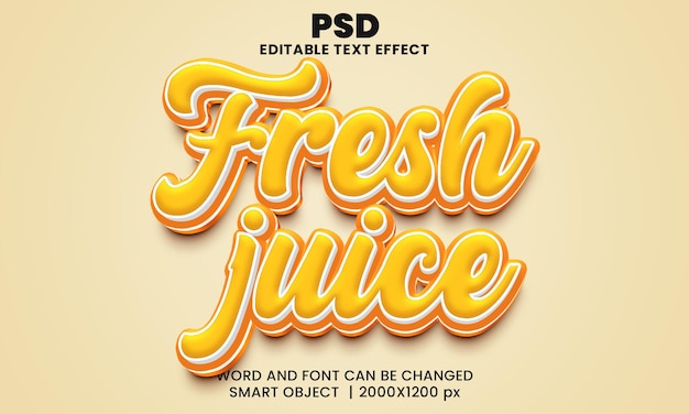 PSD efeito de texto editável 3d de suco fresco psd premium com plano de fundo