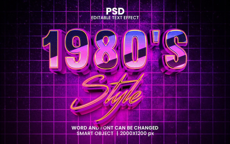 PSD efeito de texto editável 3d estilo dos anos 80 psd premium com plano de fundo