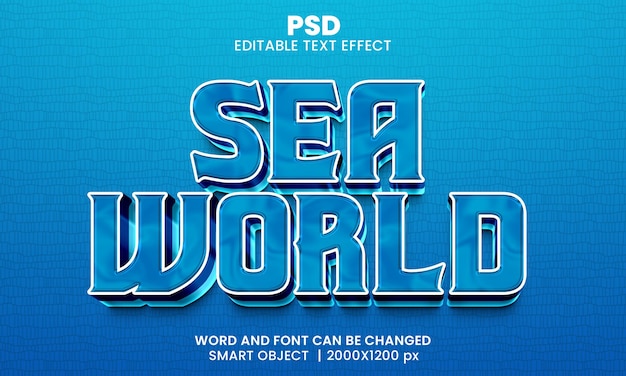 Efeito de texto editável 3d sea world premium psd com fundo