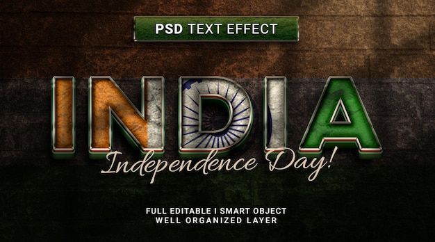 PSD efeito de texto em estilo 3d do dia da independência da índia