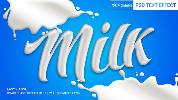 Efeito de texto frontal de leite com estilo em relevo editável