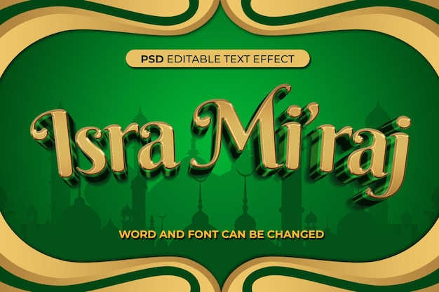 Efeito de texto isra miraj ouro verde 3d