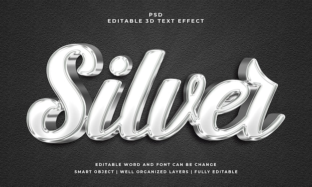 Efeito de texto psd editável 3d prateado com fundo