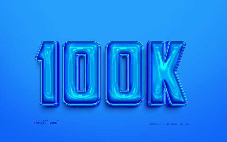 PSD efeito de texto psd premium editável em 3d azul brilhante de 100k