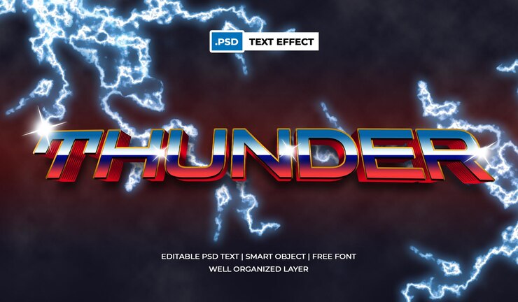 PSD efeito de texto thunder 3d movie, editável com texto metálico e brilhante realista