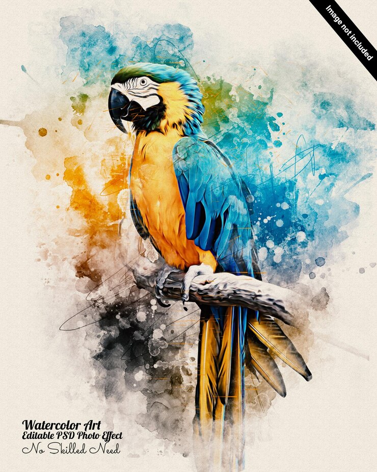 PSD efeito fotográfico de aquarela de pássaro editável