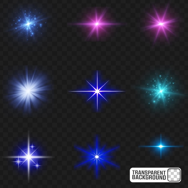 Efeitos Starburst coloridos Flares de luz Glow Overlays Fundo transparente PSD editável