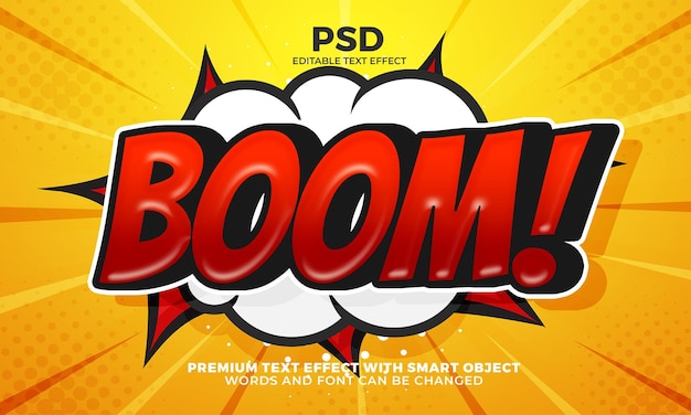 Efek teks Editable 3D kartun Komik Boom dengan latar belakang halftone