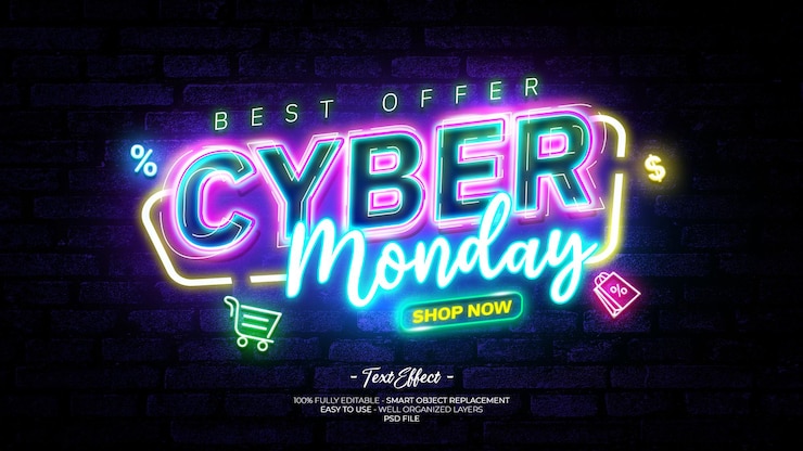 PSD efek teks warna rgb huruf neon cyber monday realistis dengan ikon obral