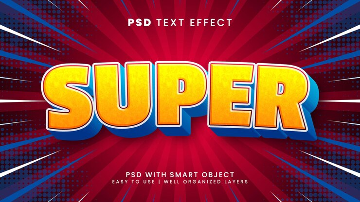 PSD efek teks yang dapat diedit 3d super dengan gaya teks kekuatan dan kartun