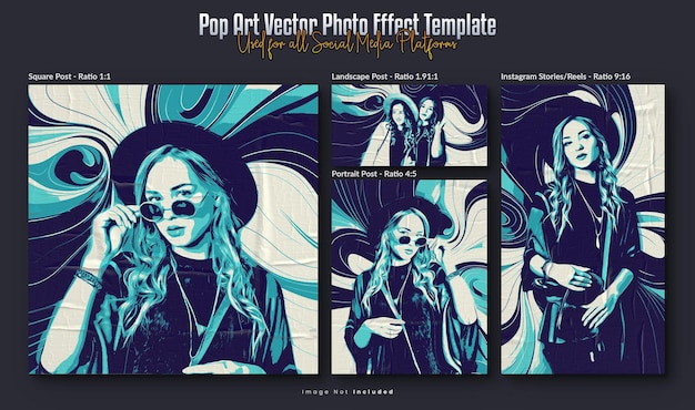 Effet photo Pop Art vectoriel et Instagram Post et histoires Bannière Set de conception de médias sociaux