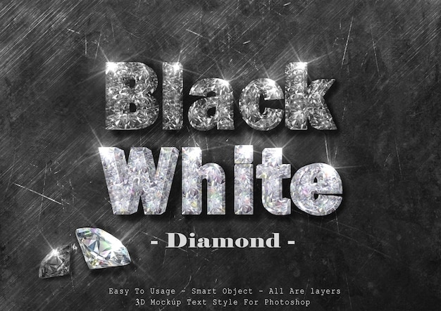 PSD effet de style de texte de diamant 3d noir et blanc