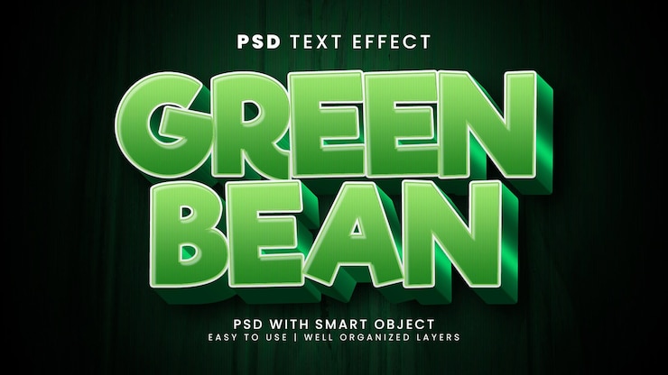 PSD effet de texte modifiable 3d de haricot vert avec un style de texte frais et sain