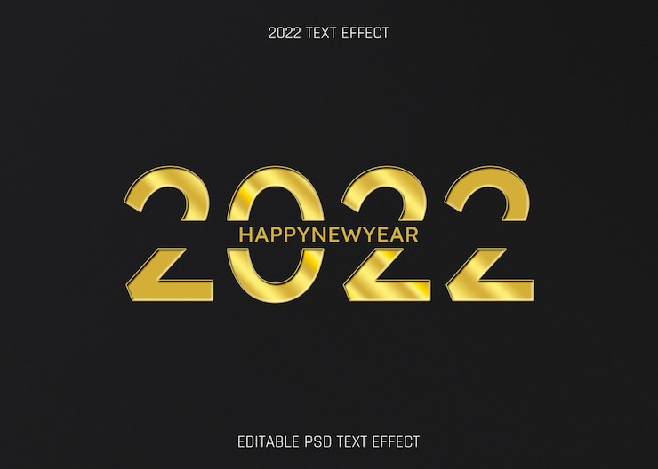 PSD effet de texte modifiable golden 2022 happy new year sur fond noir