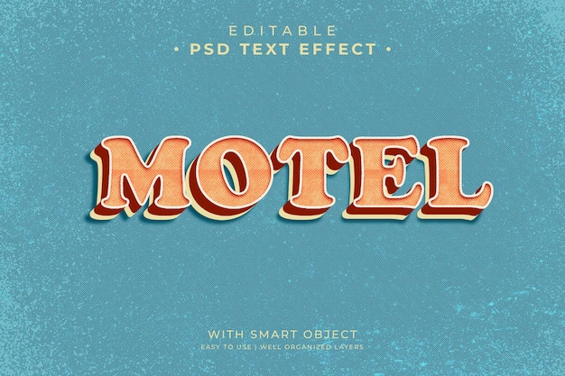 PSD un effet de texte de motel bleu et orange avec un fond bleu.