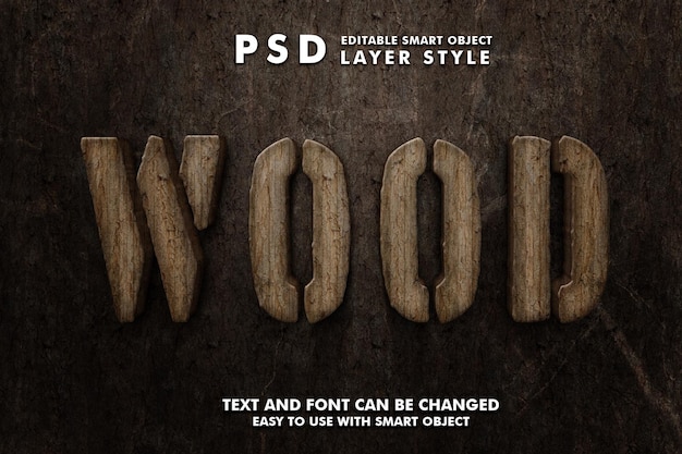 Effet de texte réaliste en bois 3d psd premium avec objet intelligent