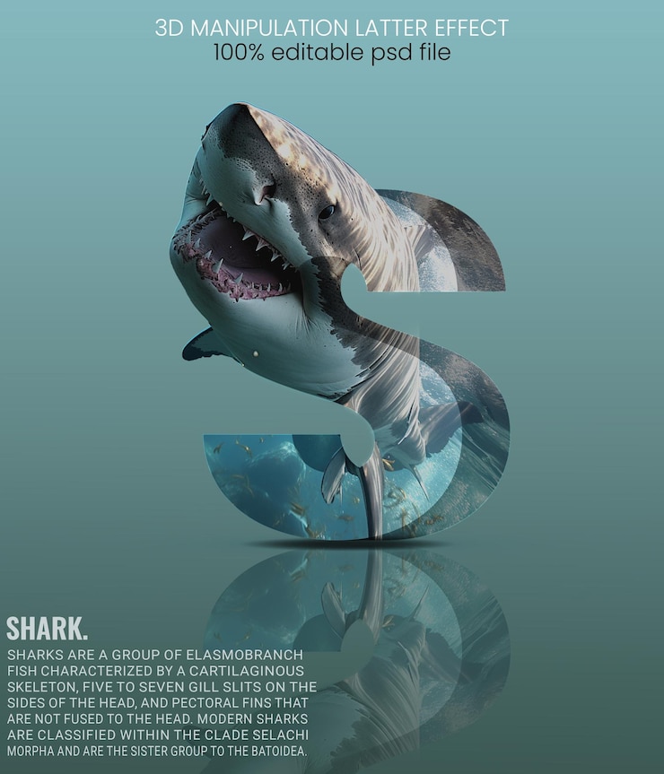 PSD effet de texte de requin 3d avec une description informative