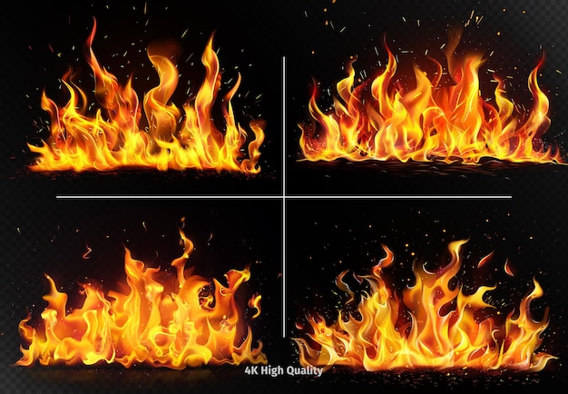 Effetti luminosi realistici di fiamme ardente su uno sfondo nero