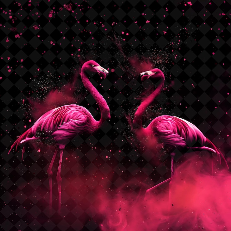 PSD effetto fuchsia dust flamingo con flamingo rosa e fuchsia magic neon color su sfondo scuro