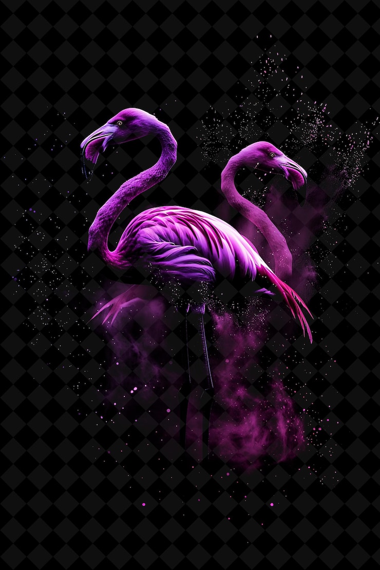 PSD effetto fuchsia dust flamingo con flamingo rosa e fuchsia magic neon color su sfondo scuro