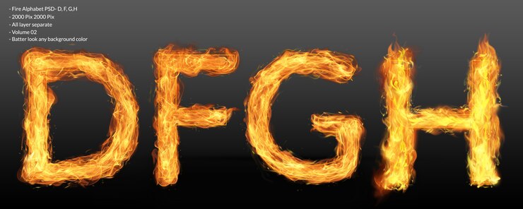 PSD effetto testo alfabeto fuoco
