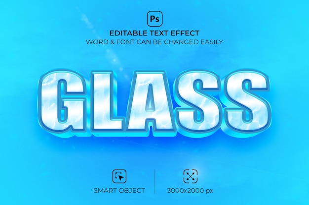 Effetto testo modificabile in vetro 3d Psd Premium con sfondo