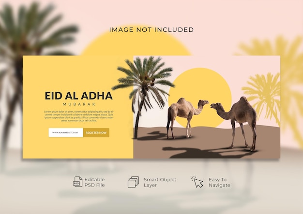 PSD eid adha banner con camello en vista del desierto