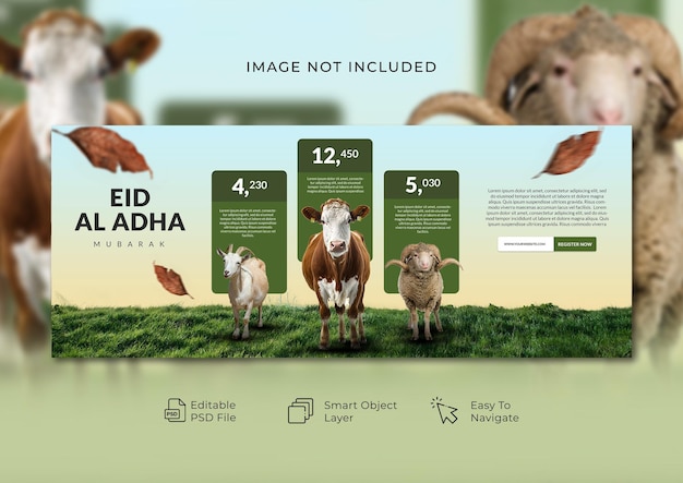Eid adha banner com animais em pé na frente