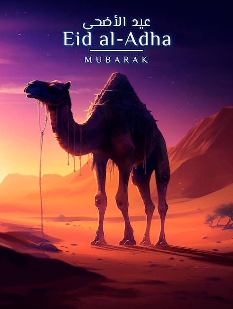 PSD eid al-adha-gruß mit kamel im schönen nachthintergrund