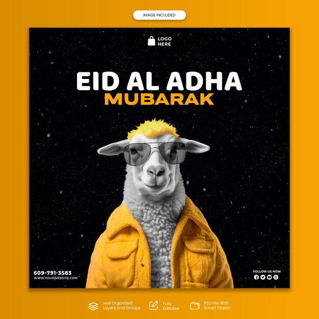 PSD eid al adha mubarak cabra usa óculos de sol post de mídia social criativa psd