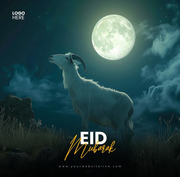 PSD eid al adha mubarak festival islâmico cabra usando óculos de sol modelo de banner de mídia social